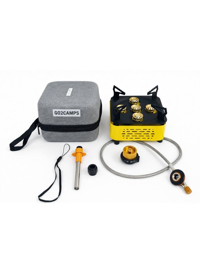 GO2CAMPS High-Output 5-Burner Portable Camping Stove Combo Pack – Includes 450g Screw-Type Butane/Propane Gas Canister, Gas Adapter Connector, and Igniter – Heavy-Duty Windproof Outdoor Cooking Kit with Premium Carry Case - Image 5